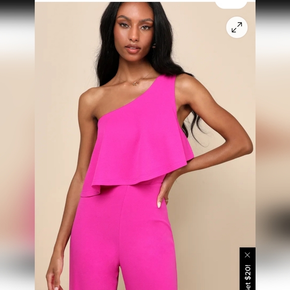 Lulu's Vibrant Pink One-Shoulder Jumpsuit Magneta One Shoulder Tiered Wide Leg - Picture 4 of 7